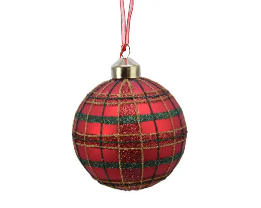 Decoris Bauble Glass Glitter Check Christmas Red 8cm