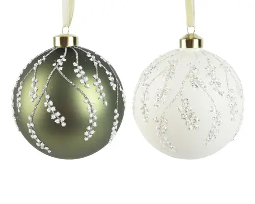Decoris Baubles Glass Matt with Branches Green or White 15cm Single Assorted