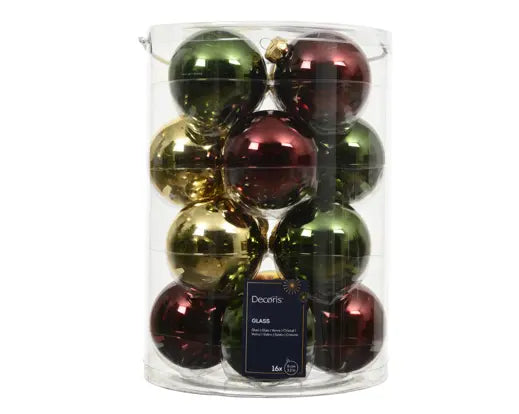 Decoris Glass Baubles Shiny Mix Pine Green, Red & Gold 8cm 16 Pack