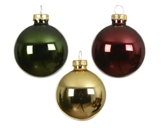 Decoris Glass Baubles Shiny Mix Pine Green, Red & Gold 8cm 16 Pack