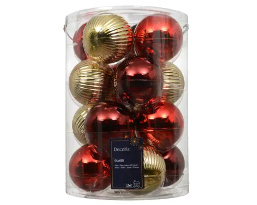 Decoris Baubles Glass Red & Gold Mix 8cm 16 Pack