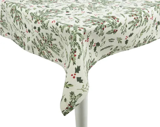 Decoris Cotton Tablecloth Misletoe & Holly Leaf White & Green 180cm x 140cm