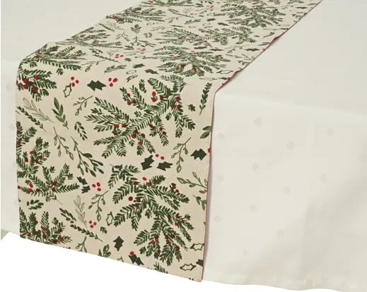 Decoris Cotton Tablerunner Misletoe & Holly Leaf White & Green 150cm x 30cm