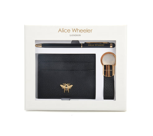 Alice Wheeler London Black Bow Card Holder, Key Ring And Pen Gift Set