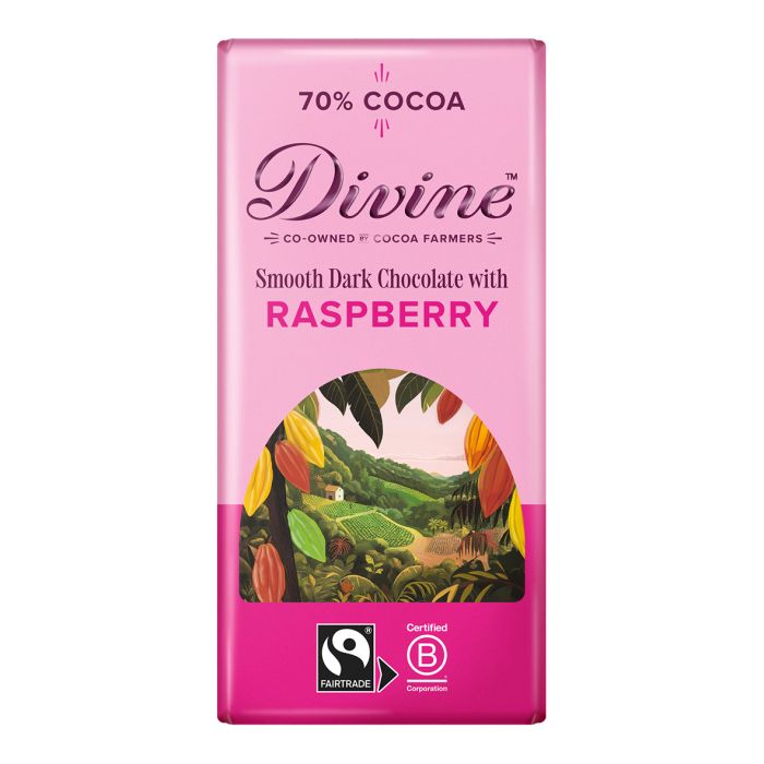 Divine Chocolate 70% Dark Chocolate with Raspberries 90g