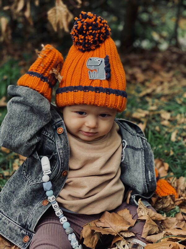 Ziggle Orange Dinosaur Bobble Hat and Mittens
