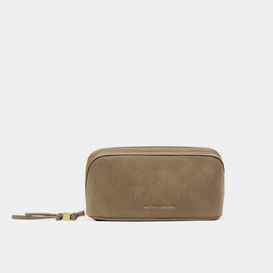 A taupe brown zippered pouch wallet with a small gold-tone logo on the front and a matching wristlet strap, shown against a plain light gray background.