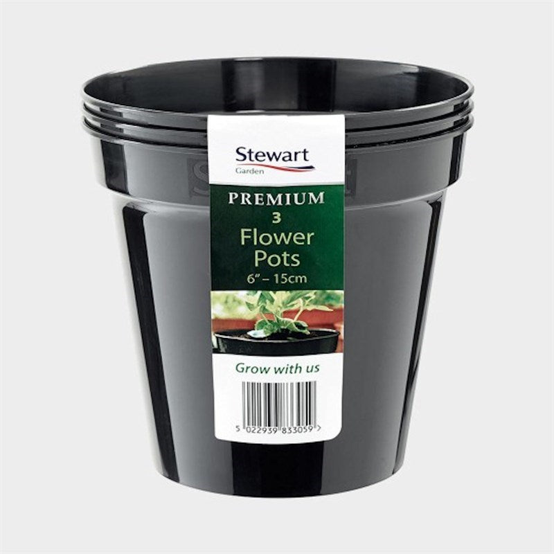 Stewart Plastics Flower Pots Black 3pk