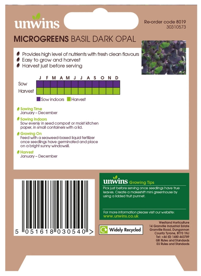 Unwins MicroGreens Basil Dark Opal Seeds