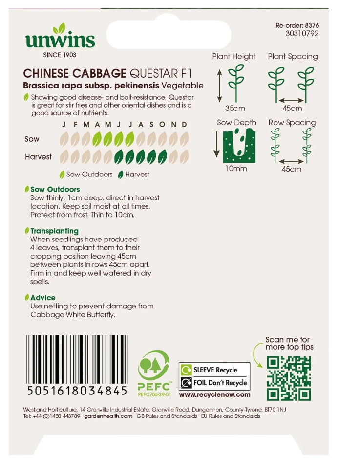 Unwins Chinese Cabbage Questar F1 Seeds