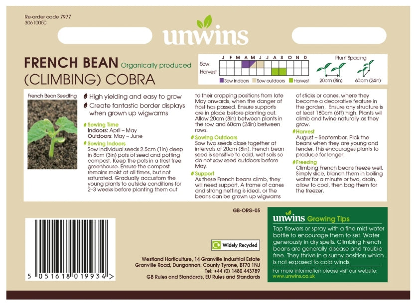 Unwins Organic Climbing French Bean Cobra Seeds