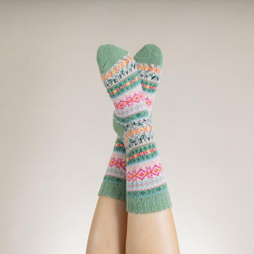 Gemjar Green Fawn and Pink Scandi Patterned Soft Wool Blend Socks