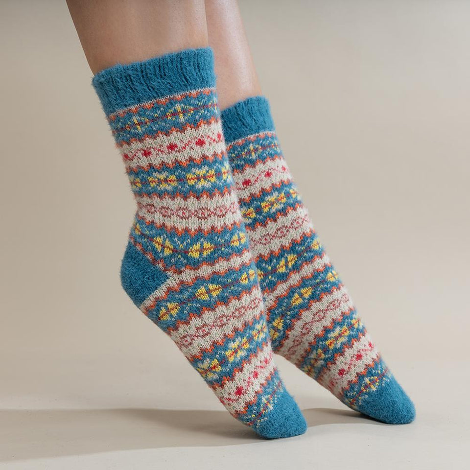 Gemjar Teal Fawn And Yellow Scandi Patterned Soft Wool Blend Socks
