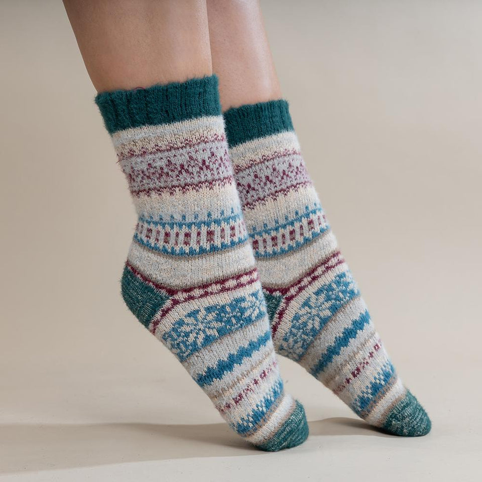 Gemjar Fawn Green and Burgundy Scandi Patterned Soft Wool Blend Socks