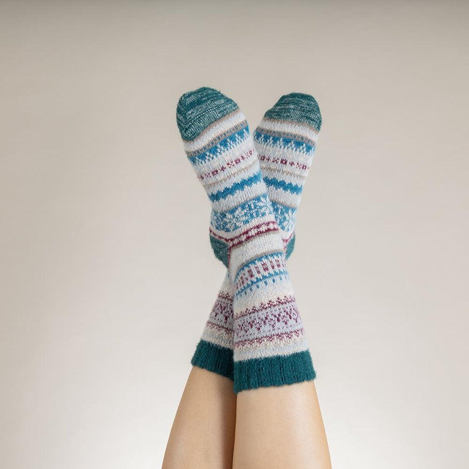 Gemjar Fawn Green and Burgundy Scandi Patterned Soft Wool Blend Socks