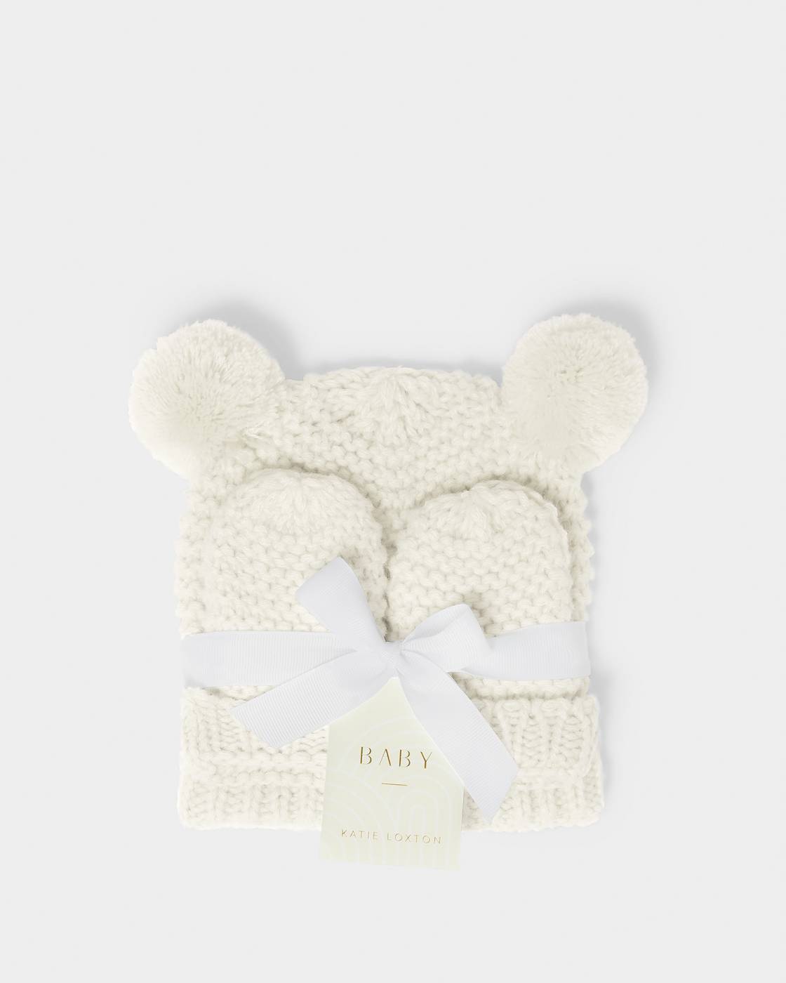 Katie Loxton Knitted Hat & Mittens Set White