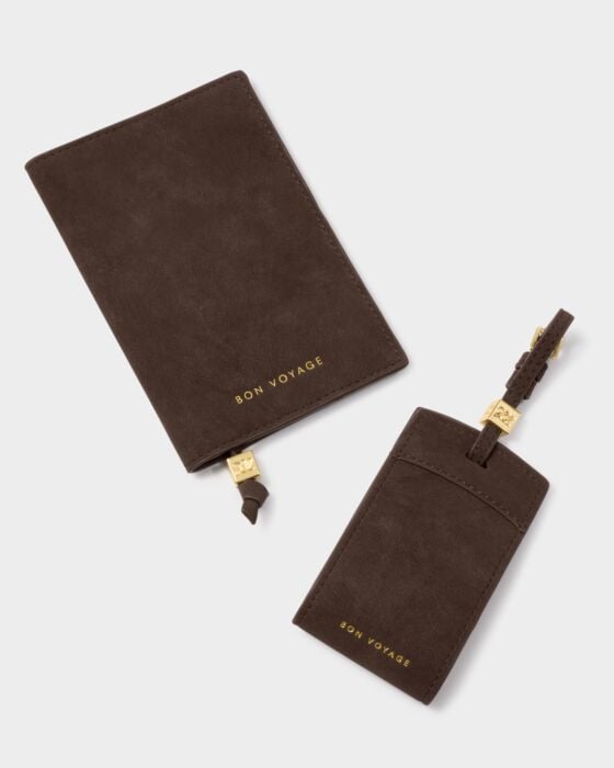 Katie Loxton Passport Cover Bon Voyage Chocolate Suedette
