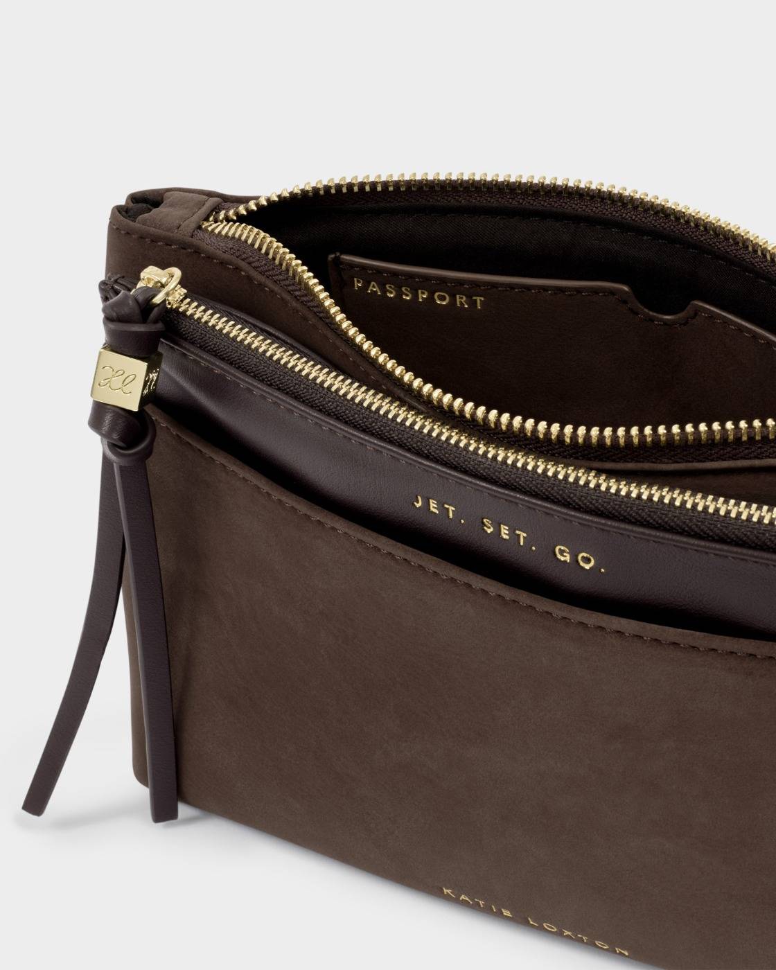 Katie Loxton Travel Duo Pouch Jet.Set.Go Chocolate Suede & Choc Faux Croc