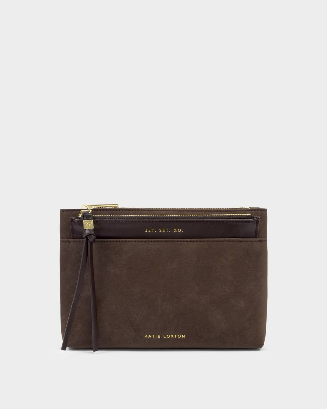 Katie Loxton Travel Duo Pouch Jet.Set.Go Chocolate Suede & Choc Faux Croc