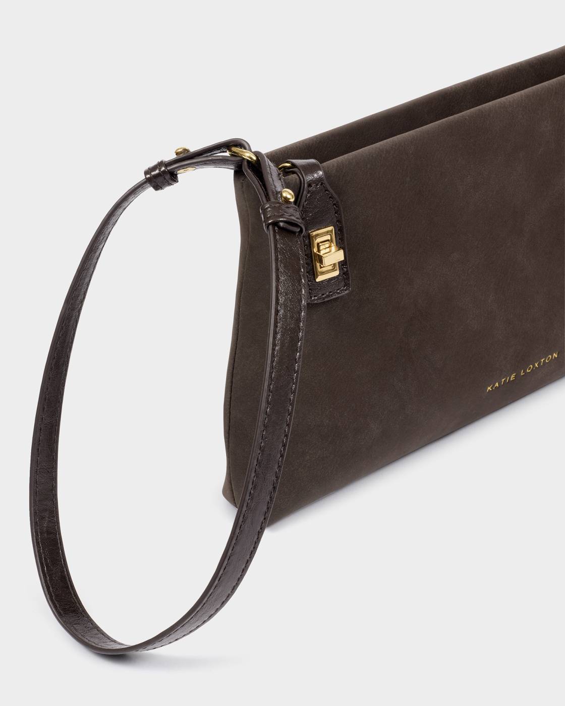 Katie Loxton Orin Twist Lock Small Shoulder Bag Bitter Chocolate Suedette