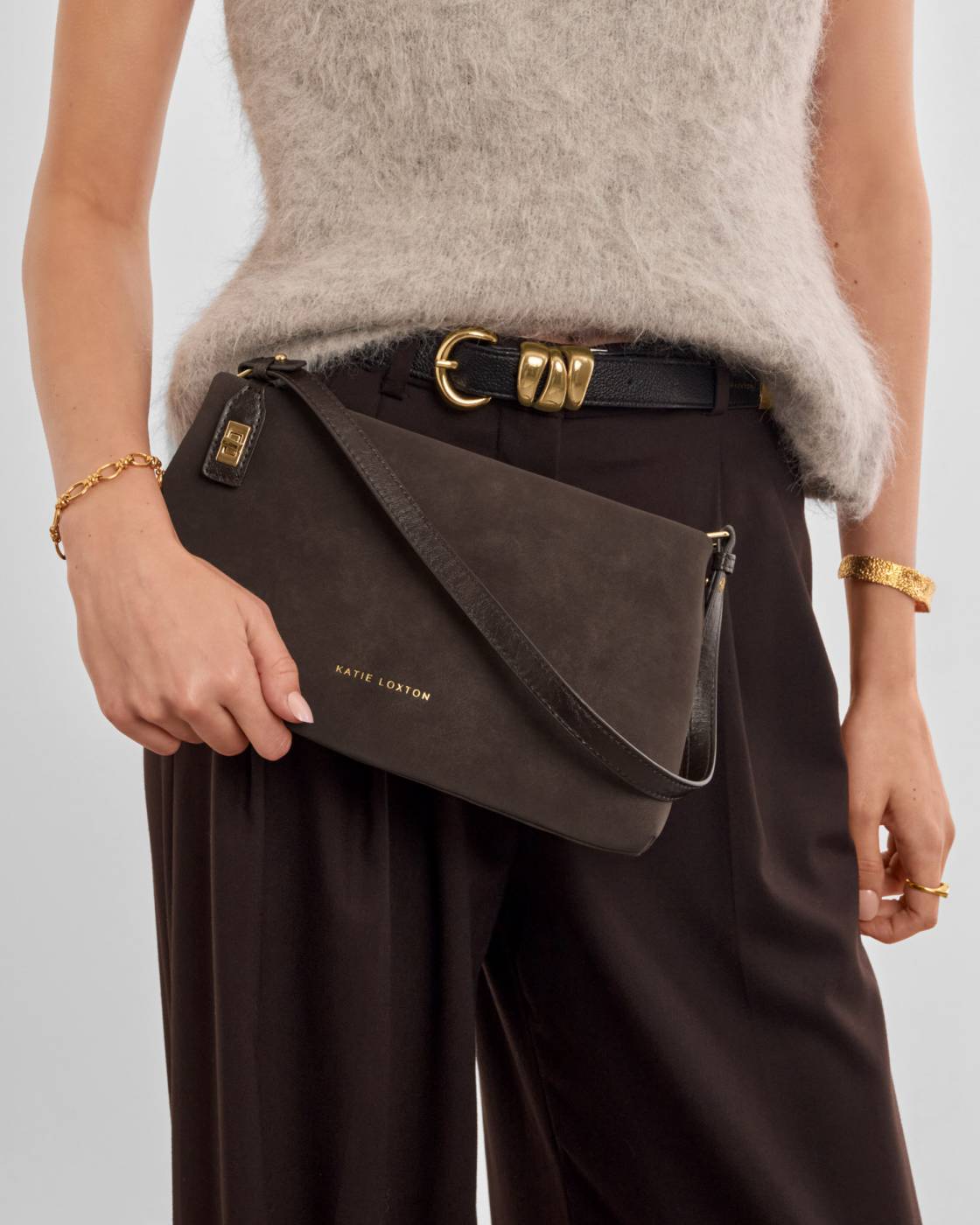 Katie Loxton Orin Twist Lock Small Shoulder Bag Bitter Chocolate Suedette