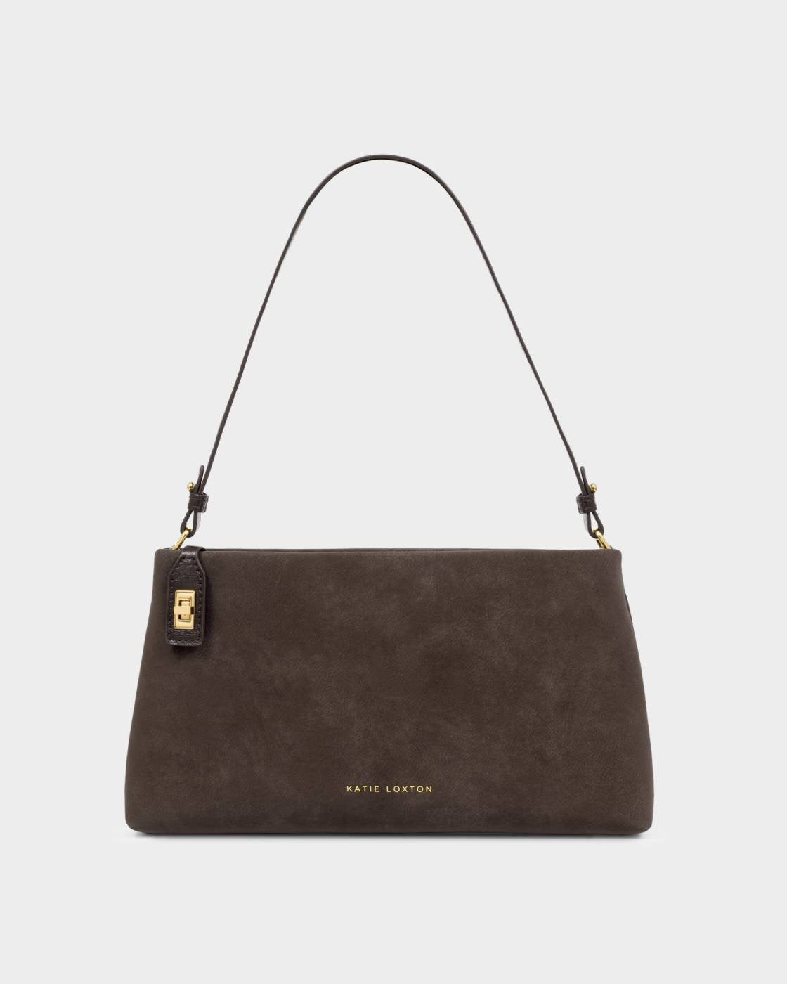 Katie Loxton Orin Twist Lock Small Shoulder Bag Bitter Chocolate Suedette