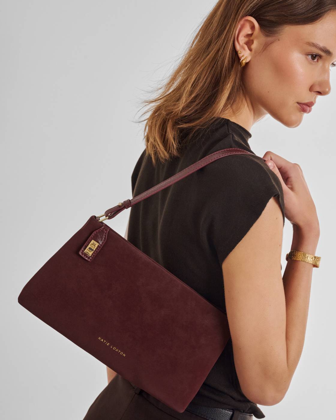 Katie Loxton Orin Twist Lock Small Shoulder Bag Cherry Suedette