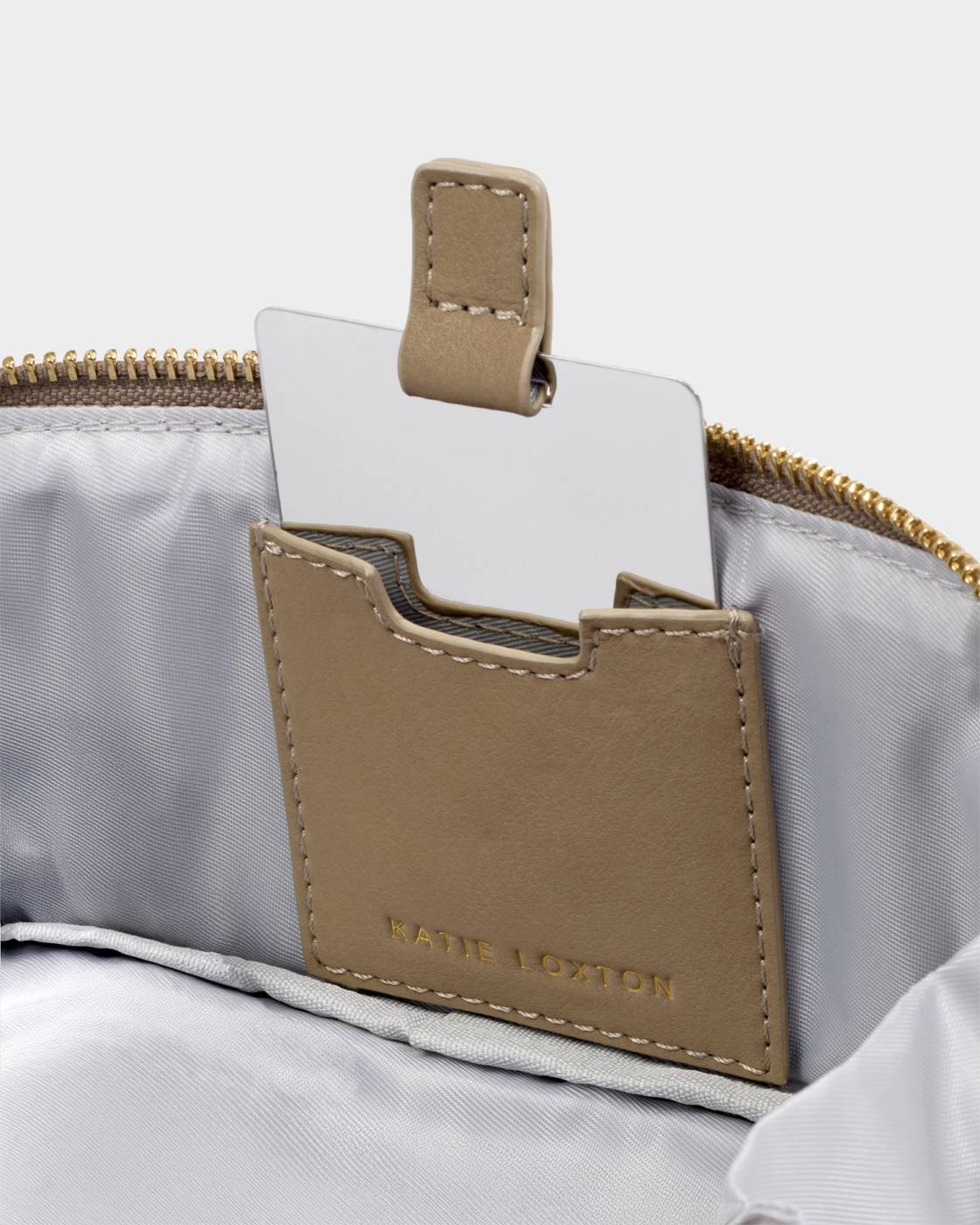 Katie Loxton Fold-Out Mirror Make Up Bag Taupe Suedette