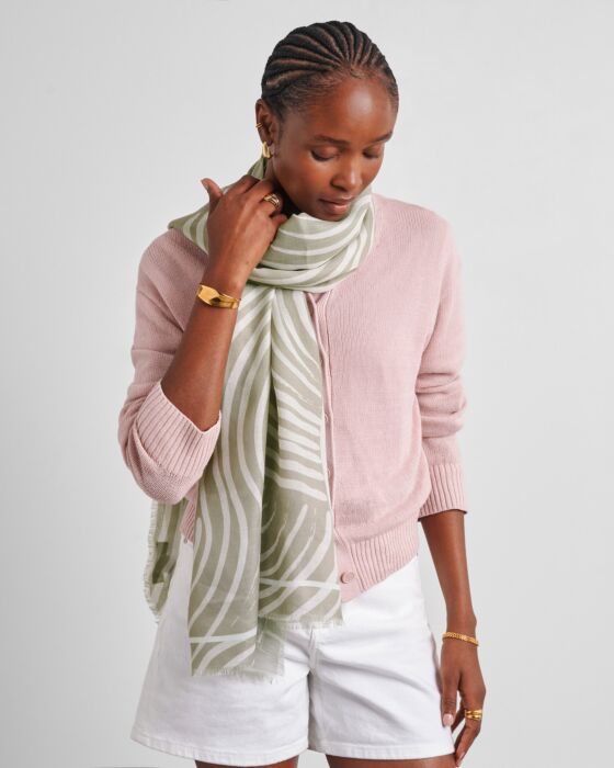 Katie Loxton Printed Scarf Waved Lines Sage & Off White