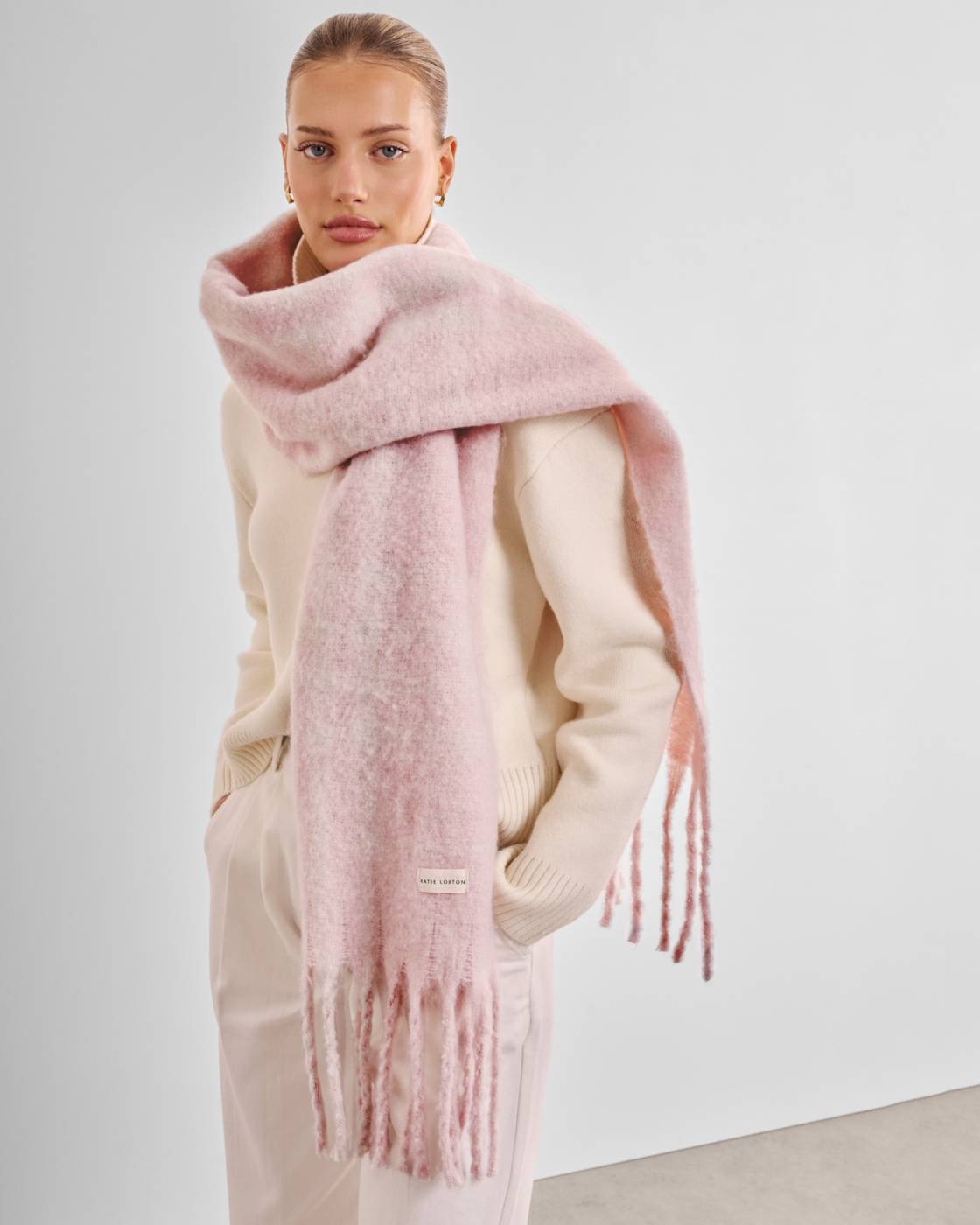 Katie Loxton Recycled Striped Tassel Scarf Blush Pink/White Plaid