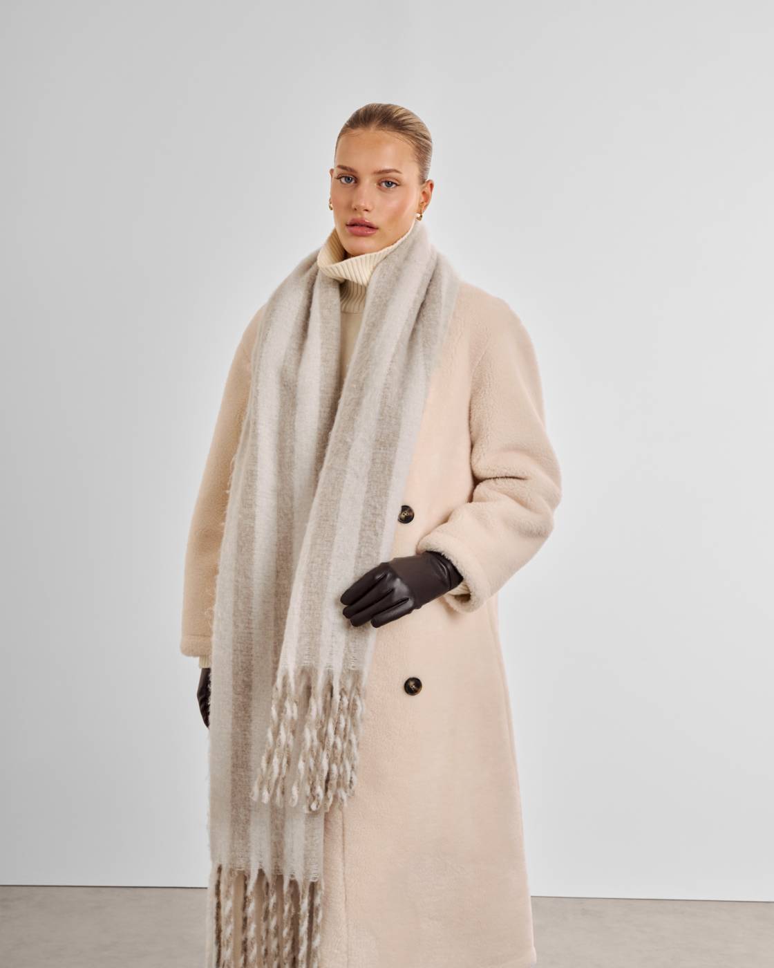 Katie Loxton Recycled Striped Tassel Scarf Off White/Sand