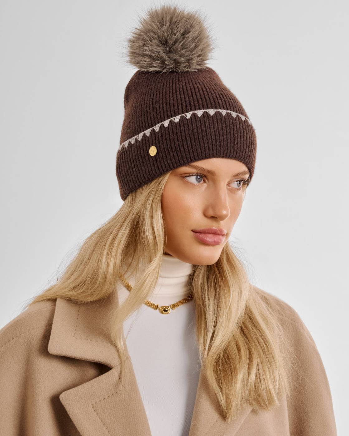 Katie Loxton Whipstitch Pom Pom Knitted Hat Chocolate