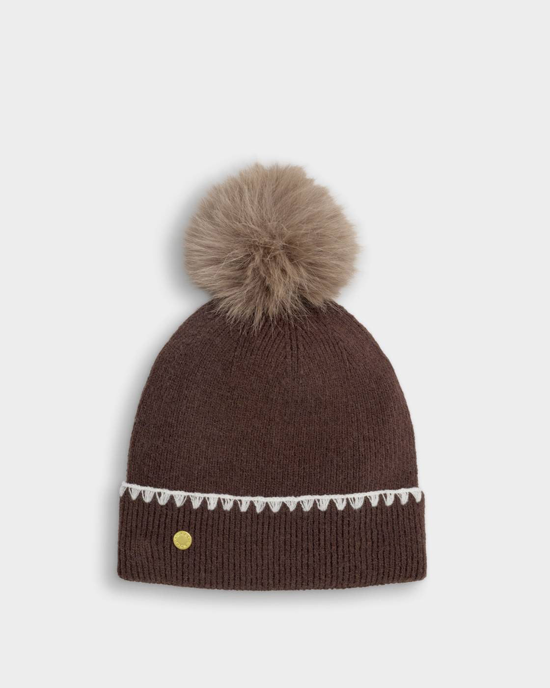 Katie Loxton Whipstitch Pom Pom Knitted Hat Chocolate