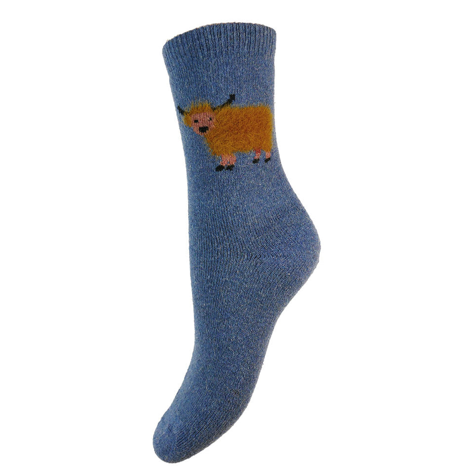 Gemjar Thick Wool Blend Blue Socks With Fluffy Highland Cows