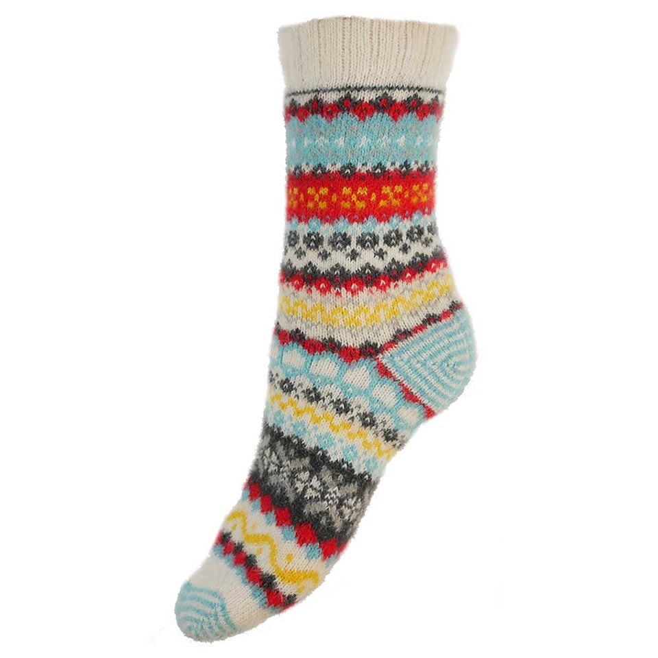 Gemjar Pale Blue Cream And Red Scandi Patterned Soft Wool Blend Socks