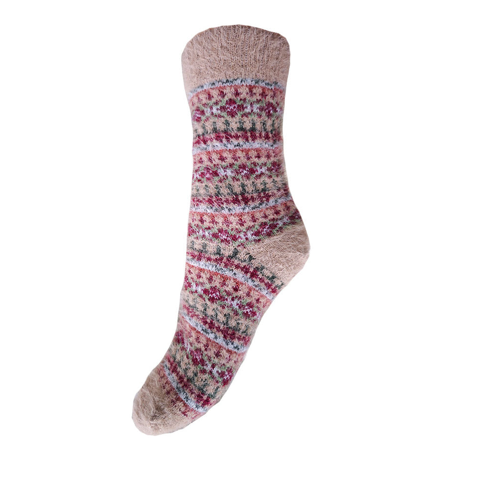Gemjar Beige And Pink Fairisle Cosy Crew Socks